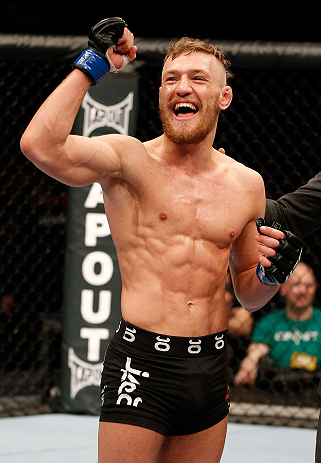 STOCKHOLM, SWEDEN - APRIL 06: Conor McGregor reacts after knocking out Marcus Brimage in their featherweight fight at the Ericsson Globe Arena on April 6, 2013 in Stockholm, Sweden. (Photo by Josh Hedges/Zuffa LLC/Zuffa LLC via Getty Images)