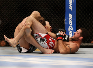 SAN JOSE, CA - APRIL 20: (R-L) Matt Brown attempts to submit Jordan Mein in their welterweight bout during the UFC on FOX event during the UFC on FOX event at the HP Pavilion on April 20, 2013 in San Jose, California. (Photo by Josh Hedges/Zuffa LLC/Zu