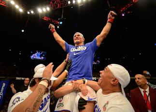 LAS VEGAS, NV - MAY 25: Junior dos Santos reacts to his victory over Mark Hunt in their heavyweight bout during UFC 160 at the MGM Grand Garden Arena on May 25, 2013 in Las Vegas, Nevada. (Photo by Donald Miralle/Zuffa LLC/Zuffa LLC via Getty Images)