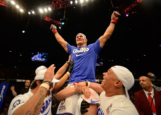 LAS VEGAS, NV - MAY 25:   Junior dos Santos reacts to his victory over Mark Hunt in their heavyweight bout during UFC 160 at the MGM Grand Garden Arena on May 25, 2013 in Las Vegas, Nevada.  (Photo by Donald Miralle/Zuffa LLC/Zuffa LLC via Getty Images)  