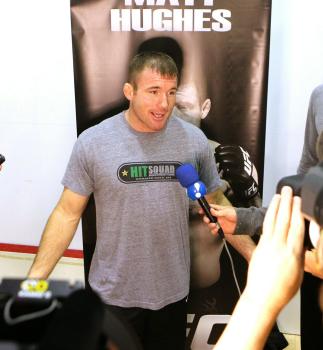 Matt Hughes answers questions from the media at the UFC 123 open workouts at the Detroit Athletic Club in Detroit, Michigan on November 18, 2010 (Photo by Josh Hedges/Zuffa LLC/Zuffa LLC via Getty Images)