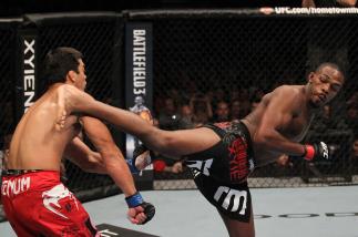 TORONTO, ON - DECEMBER 10: (R-L) Jon "Bones" Jones kicks Lyoto Machida during the UFC 140 event at Air Canada Centre on December 10, 2011 in Toronto, Ontario, Canada. (Photo by Nick Laham/Zuffa LLC/Zuffa LLC via Getty Images)