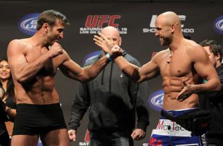 SAN JOSE, CA - NOVEMBER 18: (L-R) Light Heavyweight opponents Stephan Bonnar and Kyle Kingsbury face off after weighing in during the UFC 139 Weigh In at the HP Pavilion on November 18, 2011 in San Jose, California. (Photo by Josh Hedges/Zuffa LLC/Zuffa