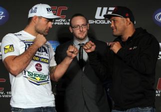 SAN FRANCISCO, CA - NOVEMBER 17: (L-R) Light Heavyweight opponents Mauricio "Shogun" Rua and Dan Henderson face off at the UFC 139 pre-fight press conference at the Fort Mason Center on November 17, 2011 in San Francisco, California. (Photo by Josh Hedg