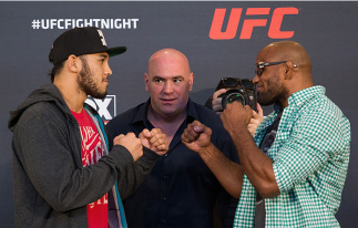 ORLANDO, FL - APRIL 17: (L-R) Opponents Brad Tavares and Yoel Romero face off during the FOX UFC Saturday pre-fight press conference at Shaquille O'Neal's estate on April 17, 2014 in Orlando, Florida. (Photo by Mike Roach/Zuffa LLC/Zuffa LLC via Getty Im