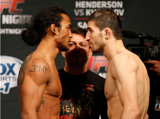 ALBUQUERQUE, NM - JUNE 06:  (L-R) Opponents Benson Henderson and Rustam Khabilov face off during the UFC Fight Night weigh-in at Tingley Coliseum on June 6, 2014 in Albuquerque, New Mexico.  (Photo by Josh Hedges/Zuffa LLC/Zuffa LLC via Getty Images)