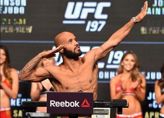 LAS VEGAS, NV - APRIL 20: UFC flyweight champion Demetrious Johnson steps on the scale during the UFC 197 weigh-in at the MGM Grand Garden Arena on April 20, 2016 in Las Vegas, Nevada. (Photo by Josh Hedges/Zuffa LLC/Zuffa LLC via Getty Images)