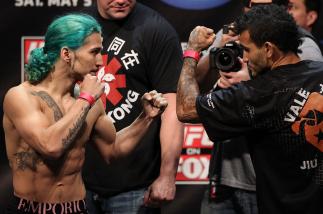 EAST RUTHERFORD, NJ - MAY 04:  (L-R) Flyweight opponents Louis Gaudinot and John Lineker face off during the UFC on FOX official weigh in at Izod Center on May 4, 2012 in East Rutherford, New Jersey.  (Photo by Josh Hedges/Zuffa LLC/Zuffa LLC via Getty Im