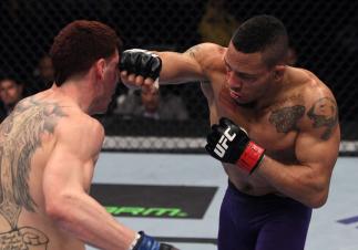 NASHVILLE, TN - JANUARY 20: (R-L) Mike Easton punches Jared Papazian during the UFC on FX event at Bridgestone Arena on January 20, 2012 in Nashville, Tennessee. (Photo by Josh Hedges/Zuffa LLC/Zuffa LLC via Getty Images)
