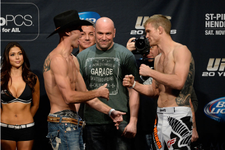 LAS VEGAS, NEVADA - NOVEMBER 15:  (L-R) Donald Cerrone faces off against Evan Dunham during the UFC 167 weigh-in event at the MGM Grand Garden Arena on November 15, 2013 in Las Vegas, Nevada. (Photo by Jeff Bottari/Zuffa LLC/Zuffa LLC via Getty Images)