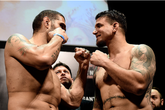 PORTO ALEGRE, BRAZIL - FEBRUARY 21: Antonio Bigfoot Silva of Brazil and Frank Mir of the USA face off during the UFC Fight Night Weigh-ins at Gigantinho Arena on February 21, 2015 in Porto Alegre, Brazil. (Photo by Buda Mendes/Zuffa LLC/Zuffa LLC via G