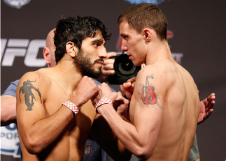 BOSTON, MA - AUGUST 16:  (L-R) Opponents Ramsey Nijem and James Vick face off during the UFC weigh-in inside TD Garden on August 16, 2013 in Boston, Massachusetts. (Photo by Josh Hedges/Zuffa LLC/Zuffa LLC via Getty Images)