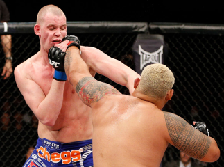 SAITAMA, JAPAN - MARCH 03:  (R-L) Mark Hunt punches Stefan Struve in their heavyweight fight during the UFC on FUEL TV event at Saitama Super Arena on March 3, 2013 in Saitama, Japan.  (Photo by Josh Hedges/Zuffa LLC/Zuffa LLC via Getty Images)