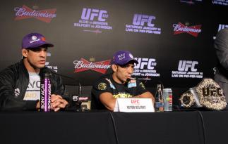 RIO DE JANEIRO, BRAZIL - JANUARY 12: (L-R) Vitor Belfort and Jose Aldo attend the final UFC 142 pre-fight press conference at the Copacabana Palace Hotel on January 12, 2012 in Rio de Janeiro, Brazil. (Photo by Josh Hedges/Zuffa LLC/Zuffa LLC via Getty