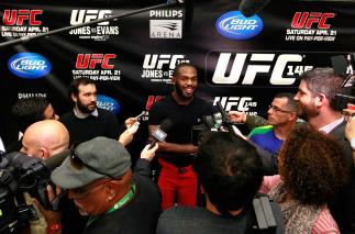 ATLANTA, GA - APRIL 19: Jon Jones speaks with the media after his UFC 145 open workouts at GSU Sports Arena on April 19, 2012 in Atlanta, Georgia. (Photo by Kevin C. Cox/Zuffa LLC/Zuffa LLC via Getty Images)