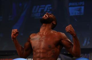 ATLANTA, GA - APRIL 20: Light Heavyweight fighter Jon Jones weighs in for his bout with Rashad Evans during the UFC 145 official weigh in at Fox Theatre on April 20, 2012 in Atlanta, Georgia. (Photo by Al Bello/Zuffa LLC/Zuffa LLC via Getty Images)