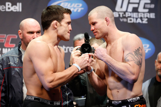 MONTREAL, QC - MARCH 15: Nate Marquardt and Jake Ellenberger face off during the UFC 158 weigh-in at Bell Centre on March 15, 2013 in Montreal, Quebec, Canada. (Photo by Josh Hedges/Zuffa LLC/Zuffa LLC via Getty Images)