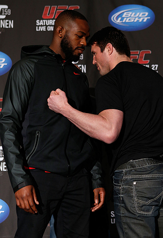 NEW YORK, NY - APRIL 25: (L-R) Opponents UFC Light Heavyweight Champion Jon "Bones" Jones and Chael Sonnen face off during UFC 159 media day at The Theater at Madison Square Garden on April 25, 2013 in New York City. (Photo by Josh Hedges/Zuffa LLC/Zuf