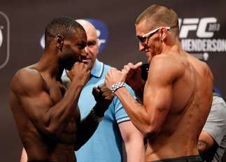 WINNIPEG, CANADA - JUNE 14:  (L-R) Opponents Yves Jabouin and Dustin Pague face off during the UFC 161 weigh-in at the MTS Centre on June 14, 2013 in Winnipeg, Manitoba, Canada.  (Photo by Josh Hedges/Zuffa LLC/Zuffa LLC via Getty Images)