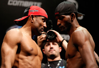 RIO DE JANEIRO, BRAZIL - AUGUST 02: (L-R) Opponents Sergio Moraes and Neil Magny face off during the UFC 163 weigh-in at HSBC Arena on August 2, 2013 in Rio de Janeiro, Brazil. (Photo by Josh Hedges/Zuffa LLC/Zuffa LLC via Getty Images)