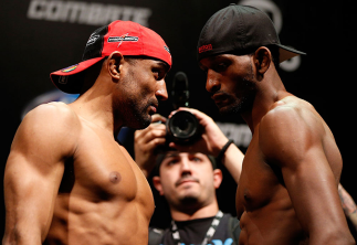 RIO DE JANEIRO, BRAZIL - AUGUST 02:  (L-R) Opponents Sergio Moraes and Neil Magny face off during the UFC 163 weigh-in at HSBC Arena on August 2, 2013 in Rio de Janeiro, Brazil. (Photo by Josh Hedges/Zuffa LLC/Zuffa LLC via Getty Images)