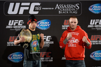 TORONTO, CANADA - SEPTEMBER 19: (L-R) Current interim bantamweight champion Renan Barao poses for the media with opponent Eddie Wineland during the UFC 165 Ultimate Media Day at the Shangri-La Hotel on September 19, 2013 in Toronto, Ontario, Canada. (Pho