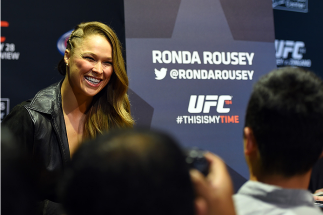 LOS ANGELES, CA - FEBRUARY 25: UFC women's bantamweight champion Ronda Rousey interacts with media during the UFC 184 Ultimate Media Day at Club Nokia on February 25, 2015 in Los Angeles, California. (Photo by Josh Hedges/Zuffa LLC/Zuffa LLC via Getty Im
