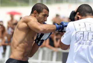 RIO DE JANEIRO, BRAZIL - JANUARY 11: Jose Aldo works out for the media and fans during the UFC 142 Open Workouts at Barra de Tijuca Beach on January 11, 2012 in Rio de Janeiro, Brazil. (Photo by Josh Hedges/Zuffa LLC/Zuffa LLC via Getty Images)