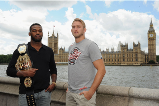 LONDON, ENGLAND - AUGUST 03: Jon Jones (L) and Alex Gustafsson pose for the camera with the Houses of Parliament in the background during the Jon Jones and Alex Gustafsson Press Tour of London on August 3, 2013 in London, England. (Photo by Christopher