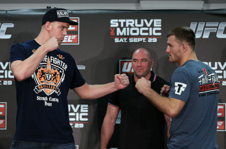 NOTTINGHAM, ENGLAND - SEPTEMBER 27: (L-R) Opponents Stefan Struve and Stipe Miocic face off during a UFC press conference at the Hilton Hotel on September 27, 2012 in Nottingham, England. (Photo by Josh Hedges/Zuffa LLC/Zuffa LLC via Getty Images)