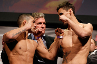 STOCKHOLM, SWEDEN - APRIL 05: (L-R) Opponents Diego Brandao and Pablo Garza face off during the UFC weigh-in at the Ericsson Globe Arena on April 5, 2013 in Stockholm, Sweden. (Photo by Josh Hedges/Zuffa LLC/Zuffa LLC via Getty Images)