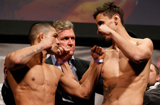 STOCKHOLM, SWEDEN - APRIL 05:  (L-R) Opponents Diego Brandao and Pablo Garza face off during the UFC weigh-in at the Ericsson Globe Arena on April 5, 2013 in Stockholm, Sweden.  (Photo by Josh Hedges/Zuffa LLC/Zuffa LLC via Getty Images)