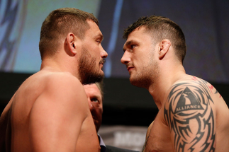 STOCKHOLM, SWEDEN - APRIL 05: (L-R) Opponents Matt Mitrione and Phil De Fries face off during the UFC weigh-in at the Ericsson Globe Arena on April 5, 2013 in Stockholm, Sweden. (Photo by Josh Hedges/Zuffa LLC/Zuffa LLC via Getty Images)