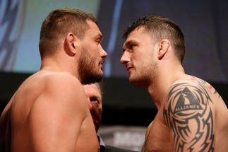 STOCKHOLM, SWEDEN - APRIL 05:  (L-R) Opponents Matt Mitrione and Phil De Fries face off during the UFC weigh-in at the Ericsson Globe Arena on April 5, 2013 in Stockholm, Sweden.  (Photo by Josh Hedges/Zuffa LLC/Zuffa LLC via Getty Images)