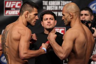 FAIRFAX, VA - MAY 14:  (L-R) Lightweight opponents Rafael Dos Anjos and Kamal Shalorus face off after weighing in during the UFC on Fuel TV official weigh in at Patriot Center on May 14, 2012 in Fairfax, Virginia.  (Photo by Josh Hedges/Zuffa LLC/Zuffa LL