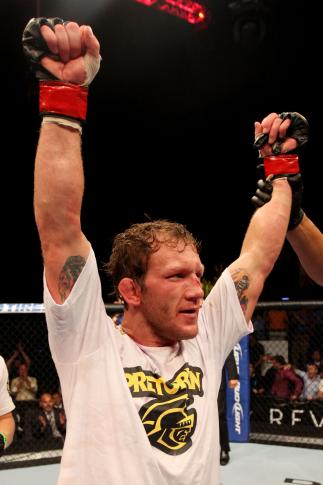 ATLANTIC CITY, NJ - JUNE 22:  Gray Maynard celebrates his win by split decision over Clay Guida (not pictured) in the main event lightweight bout during UFC on FX 4 at Revel Casino on June 22, 2012 in Atlantic City, New Jersey.  (Photo by Nick Laham/Zuffa