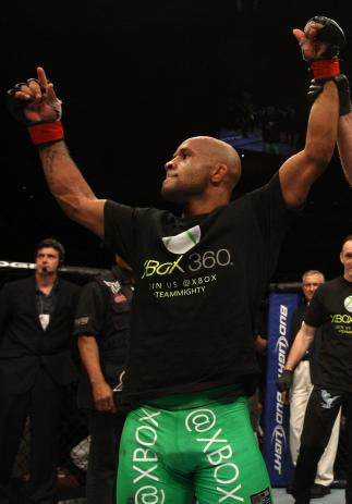 SUNRISE, FL - JUNE 08: Demetrious Johnson reacts after defeating Ian McCall by decision in a Flyweight bout during the UFC on FX 3 event at Bank Atlantic Center on June 8, 2012 in Sunrise, Florida. (Photo by Josh Hedges/Zuffa LLC/Zuffa LLC via Getty Im