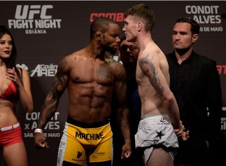 GOIANIA, BRAZIL - MAY 29: Welterweight fighters Wendell Oliveira of Brazil (L) and Darren Till of England face off during the UFC Fight Night Weigh-ins at Goiania Arena on May 29, 2015 in Goiania, Brazil. (Photo by Buda Mendes/Zuffa LLC/Zuffa LLC via Gett