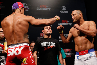 GOIANIA, BRAZIL - NOVEMBER 08: (L-R) Opponents Vitor Belfort and Dan Henderson face off during the UFC weigh-in event at Arena Goiania on November 8, 2013 in Goiania, Brazil. (Photo by Josh Hedges/Zuffa LLC/Zuffa LLC via Getty Images)