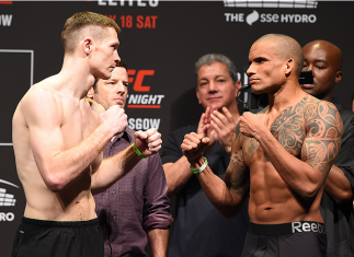 GLASGOW, SCOTLAND - JULY 17: (L-R) Opponents Joe Duffy of Ireland and Ivan Jorge of Brazil face off during the UFC weigh-in inside the SSE Hydro on July 17, 2015 in Glasgow, Scotland. (Photo by Josh Hedges/Zuffa LLC/Zuffa LLC via Getty Images)