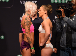 ADELAIDE, AUSTRALIA - MAY 09:   (L-R) Opponents Bec Rawlings of Australia and Lisa Ellis of the United States face off during the UFC weigh-in event at the Adelaide Entertainment Centre on May 9, 2015 in Adelaide, Australia. (Photo by Josh Hedges/Zuffa LL