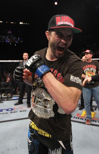 LAS VEGAS - FEBRUARY 04: Carlos Condit reacts to his win over Nick Diaz during the UFC 143 event at Mandalay Bay Events Center on February 4, 2012 in Las Vegas, Nevada. (Photo by Nick Laham/Zuffa LLC/Zuffa LLC via Getty Images) *** Local Caption *** Car