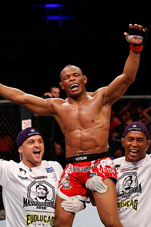 JARAGUA DO SUL, BRAZIL - MAY 18:   Francisco Trinaldo reacts after submitting Mike Rio in their lightweight bout during the UFC on FX event on May 18, 2013 at Arena Jaragua in Jaragua do Sul, Santa Catarina, Brazil.  (Photo by Josh Hedges/Zuffa LLC/Zuffa 