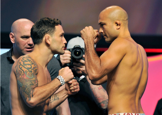 LAS VEGAS, NV - JULY 05: Mixed martial artists Frankie Edgar (L) and BJ Penn face off during the TUF 19 Finale weigh-in at the Mandalay Bay Convention Center on July 5, 2014 in Las Vegas, Nevada. (Photo by David Becker/Zuffa LLC/Zuffa LLC via Getty Imag