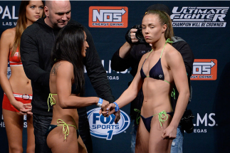 LAS VEGAS, NEVADA - DECEMBER 11: (L-R) UFC straw weights Carla Esparza and Rose Namajunas face off during The Ultimate Fighter Finale weigh-ins at the Palms Casino Resort on December 11, 2014 in Las Vegas, Nevada. (Photo by Jeff Bottari/Zuffa LLC/Zuffa L