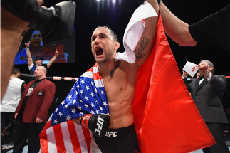 LAS VEGAS, NV - DECEMBER 11: Frankie Edgar reacts to his victory over Chad Mendes in their featherweight bout during the TUF Finale event inside The Chelsea at The Cosmopolitan of Las Vegas on December 11, 2015 in Las Vegas, Nevada. (Photo by Jeff Bottar