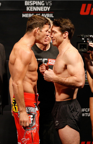 QUEBEC CITY, CANADA - APRIL 15: (L-R) Opponents Michael Bisping and Tim Kennedy face off during the TUF Nations Finale weigh-in at Colisee Pepsi on April 15, 2014 in Quebec City, Quebec, Canada. (Photo by Josh Hedges/Zuffa LLC/Zuffa LLC via Getty Images)
