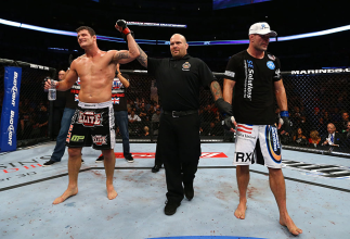 TORONTO, CANADA - SEPTEMBER 22: Michael Bisping (L) reacts after defeating Brian Stann (R) during their middleweight bout at UFC 152 inside Air Canada Centre on September 22, 2012 in Toronto, Ontario, Canada. (Photo by Al Bello/Zuffa LLC/Zuffa LLC via Get