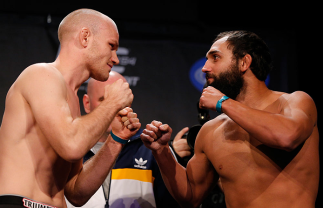 MONTREAL, CANADA - NOVEMBER 16: (L-R) Opponents Martin Kampmann and Johny Hendricks face off during the official UFC 154 weigh in at New City Gas on November 16, 2012 in Montreal, Quebec, Canada. (Photo by Josh Hedges/Zuffa LLC/Zuffa LLC via Getty Images)