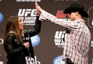 LAS VEGAS, NV - DECEMBER 28:  Liz Carmouche interacts with fans during a Q&A session before the UFC 155 weigh-in on December 28, 2012 at MGM Grand Garden Arena in Las Vegas, Nevada. (Photo by Josh Hedges/Zuffa LLC/Zuffa LLC via Getty Images)